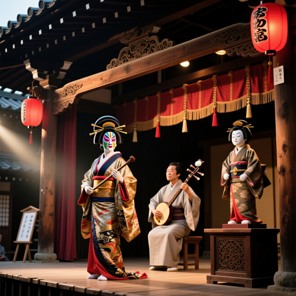 歌舞伎の舞台裏で踊る人形浄瑠璃と三味線の魂