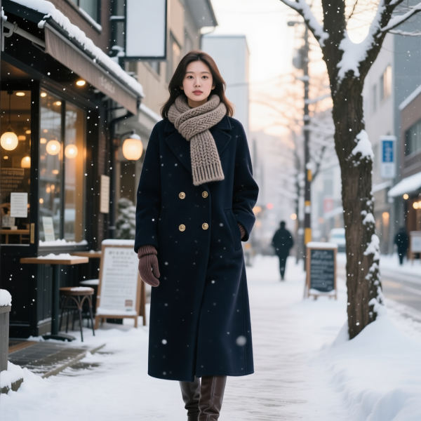 マフラーとロングコートで冬を彩るダブルブレストの魔法