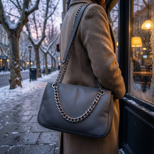 ショルダーストラップとメタルリンクが織りなすチェーンバッグの冬の美しさ
