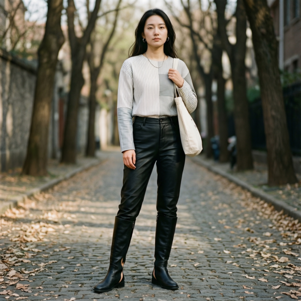 レザーパンツにバイカラーを合わせたロングブーツコーデが2月の街を彩る