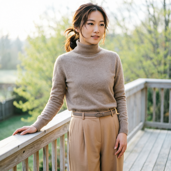 トーンオントーンで魅せる春先コーデとキャットアイメイクバブーシュの新定番