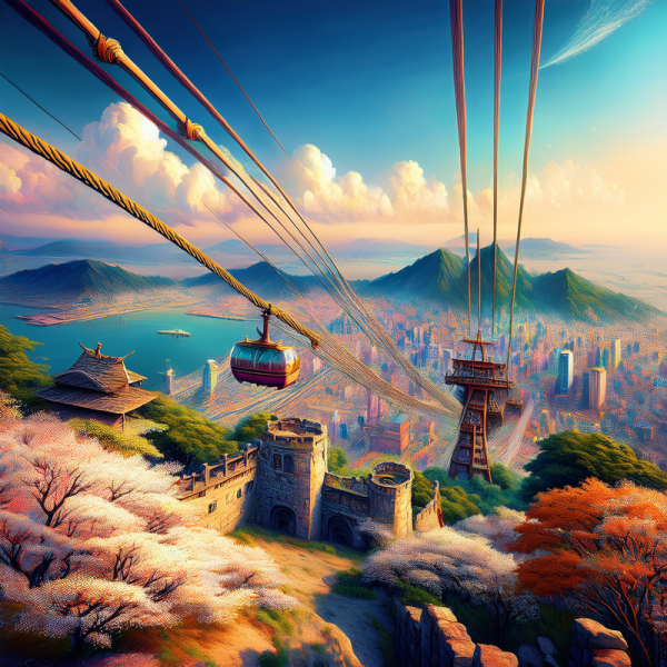 洲本城跡と神戸をつなぐロープウェイの風景